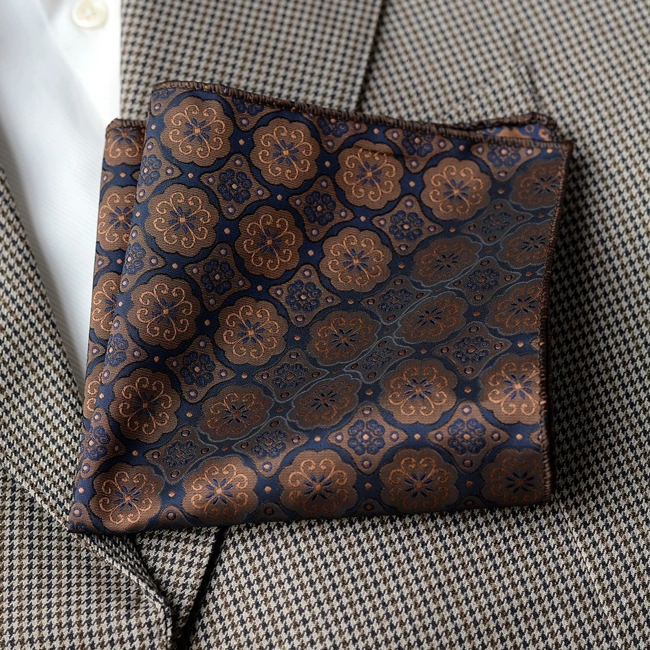 2025 Formal Pocket Square Navy Striped Floral Silk Handkerchief 24cm Brown Color Hanky Wedding Banquet Accessories Cravat250915