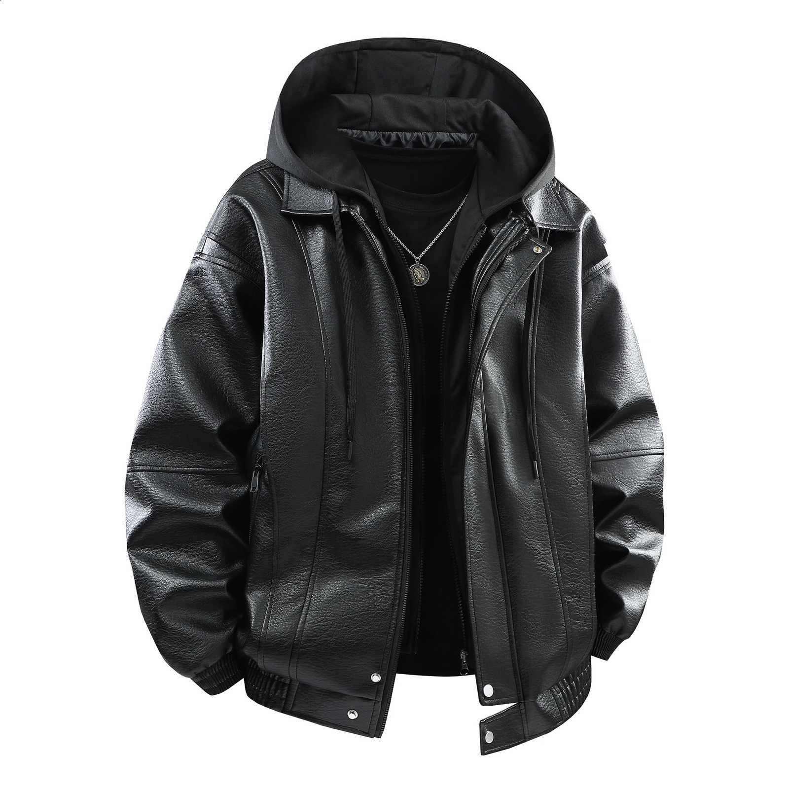 Autumn Mens PU Leather Jacket Casual Hooded Coat Outdoor Windproof Classic Solid Color Long Sleeve Top Men Clothes 250916