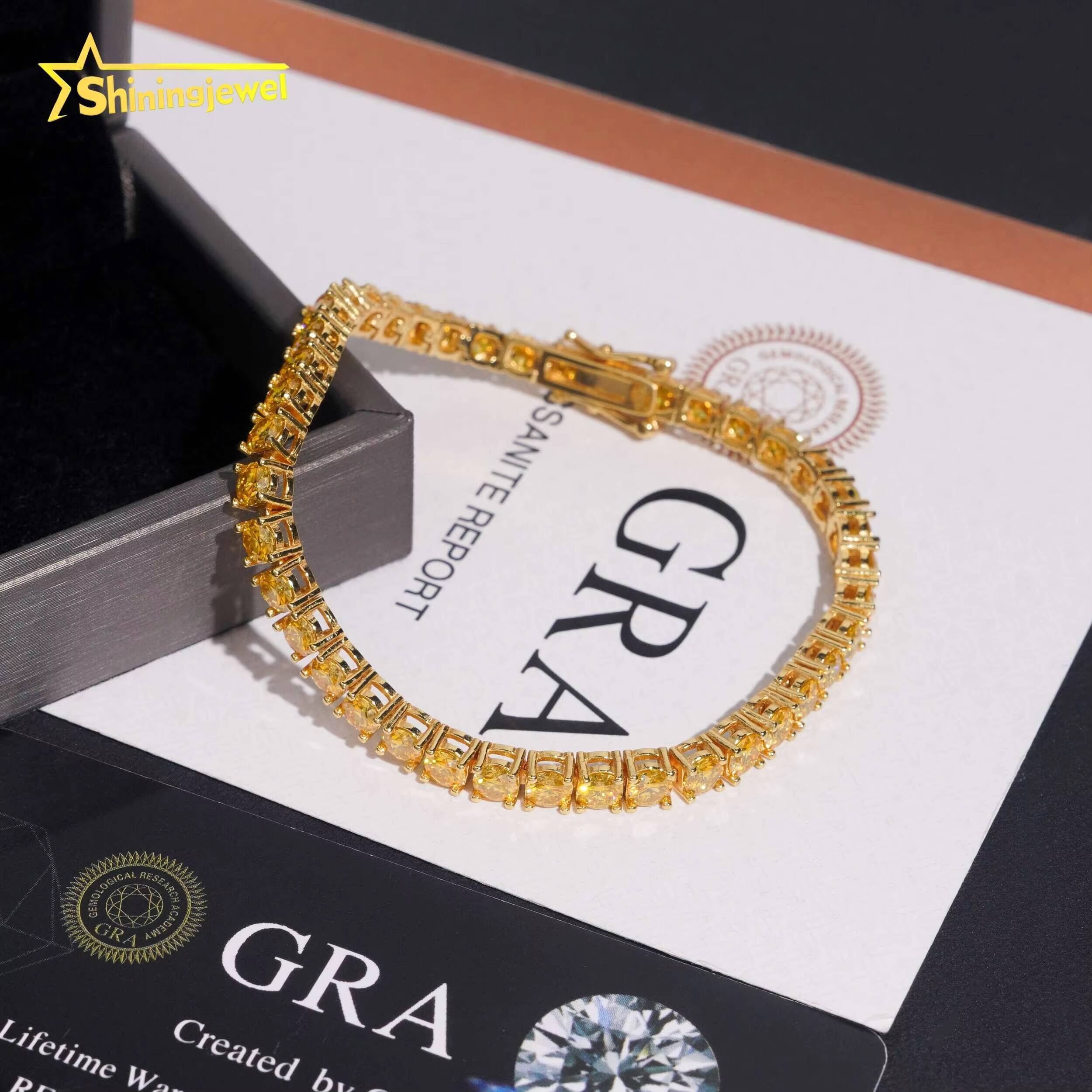 Pass Diamond Tester 4MM Round Champagne VVS D Moissanite Diamond Bracelet 925 Solid Silver Hip Hop Jewelry Iced Out Tennis Chain