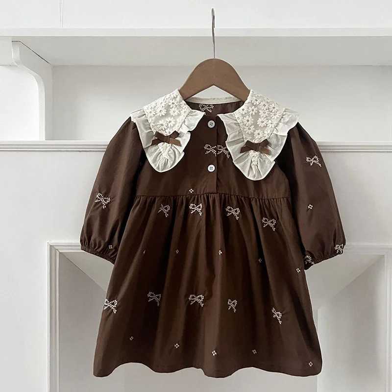 2024 Autumn Baby Girl Party Dress Cotton Embroidery Bow Splicing Dress Long Sleeved Kids Princess Dresses Lace Collar Clothing C250916