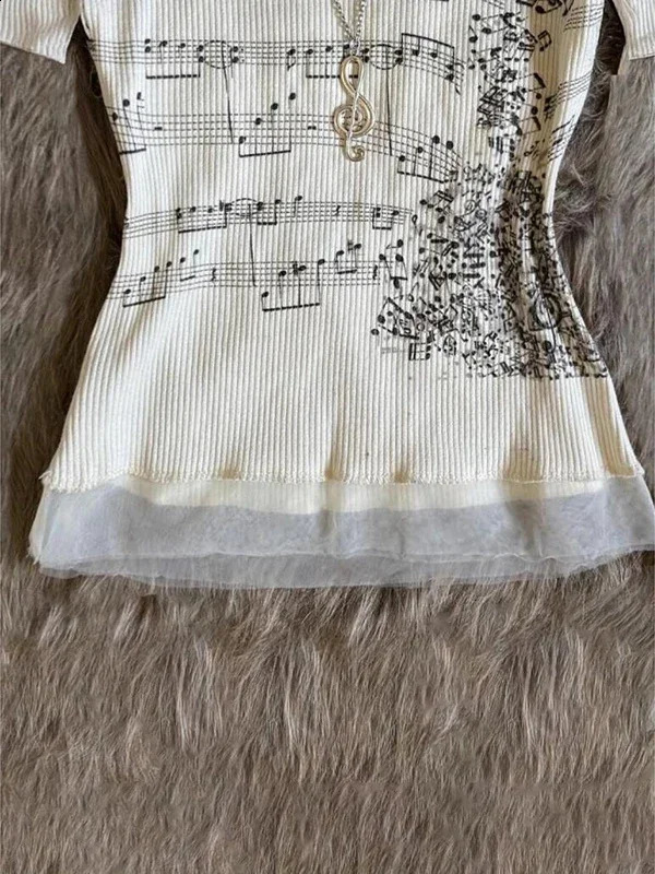 Korean 2000s Punk Goth Girls Graphic Tops Off Shoulder Sexy Lace Cotton T Shirts Cute Music Pattern Y2K Sweet Women Crop Tops 250916