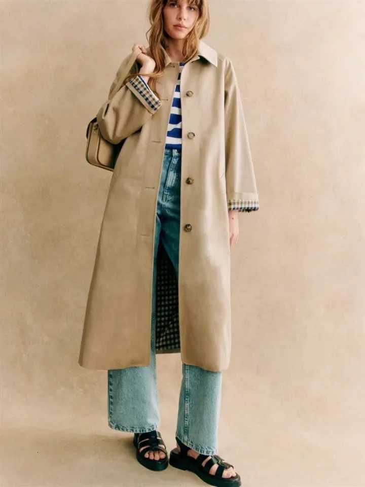 Contrast Color Plaid Women French Long Trench Coat TurnDown Collar Lady SingleBreasted MidLength Windbreaker Jacket Tops F250915