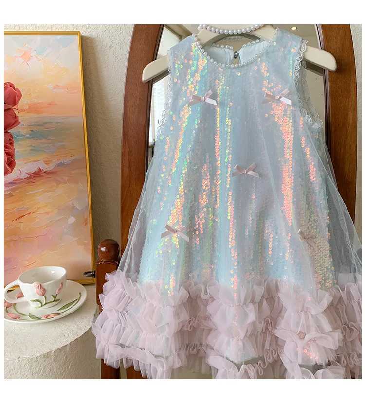 Kid Girl Sleeveless Dress Pearl Embellished Neckline Delicate Pink Bowknot Accents The Bodice Layered Ruffled Children Skirt C250916