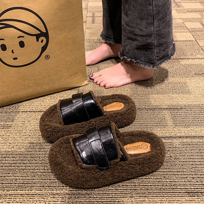Flats Platform Cotton Slippers Women Fur Mules Shoes Winter Plush Warm Slides 2025 Trend Casual Snow Boots Soft Leather Cozy 250106