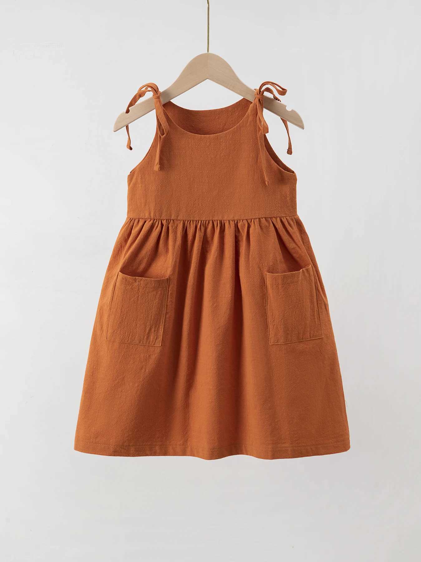 hot sales spring summer fall fashion solid color linen big pocket laceup slip dress baby girl dress designs C250916