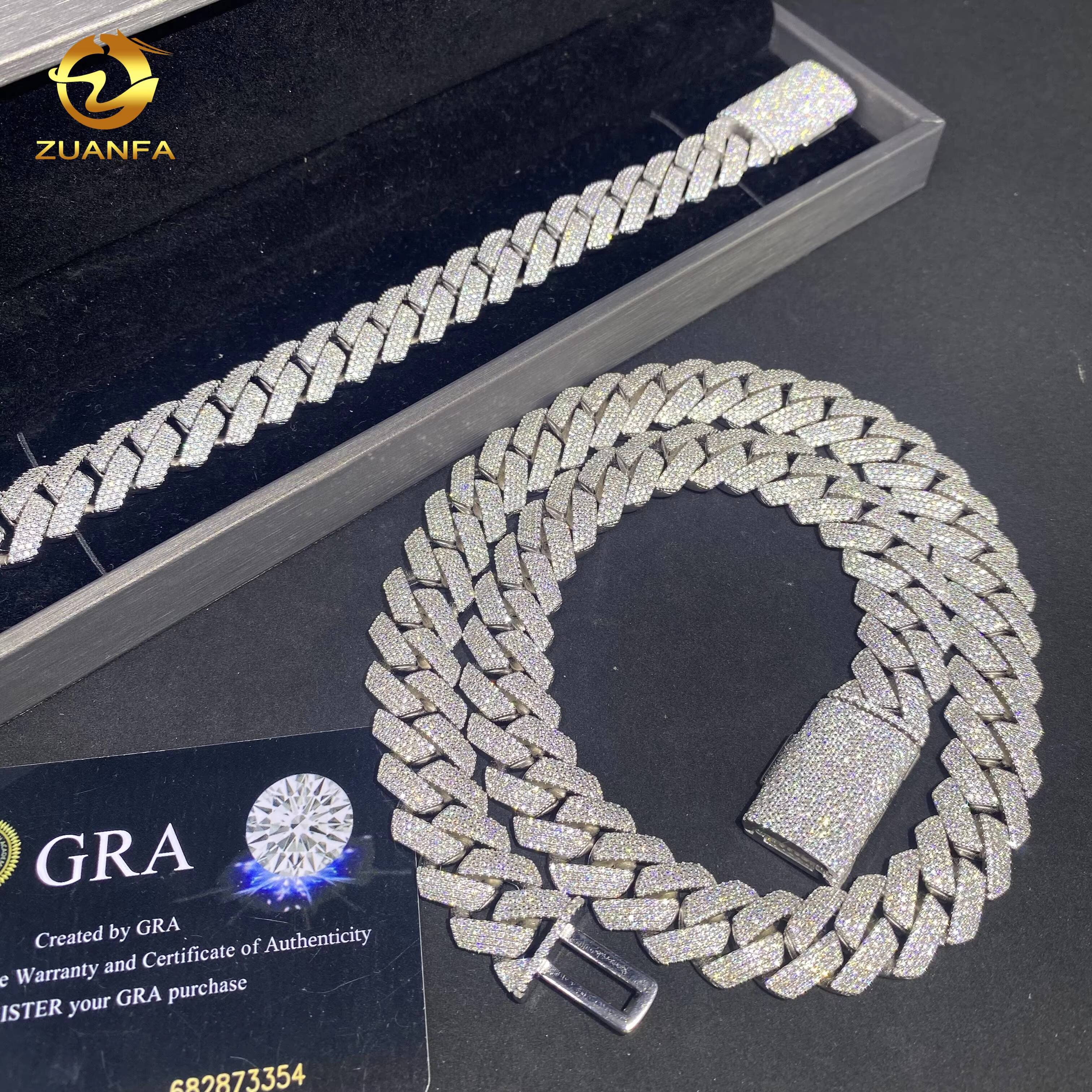 15mm 4Rows Iced Out Diamond Hip Hop Rapper Jewelry Bracelet 925 Silver VVS D Moissanite Thick Miami Cuban Link Chain Necklace