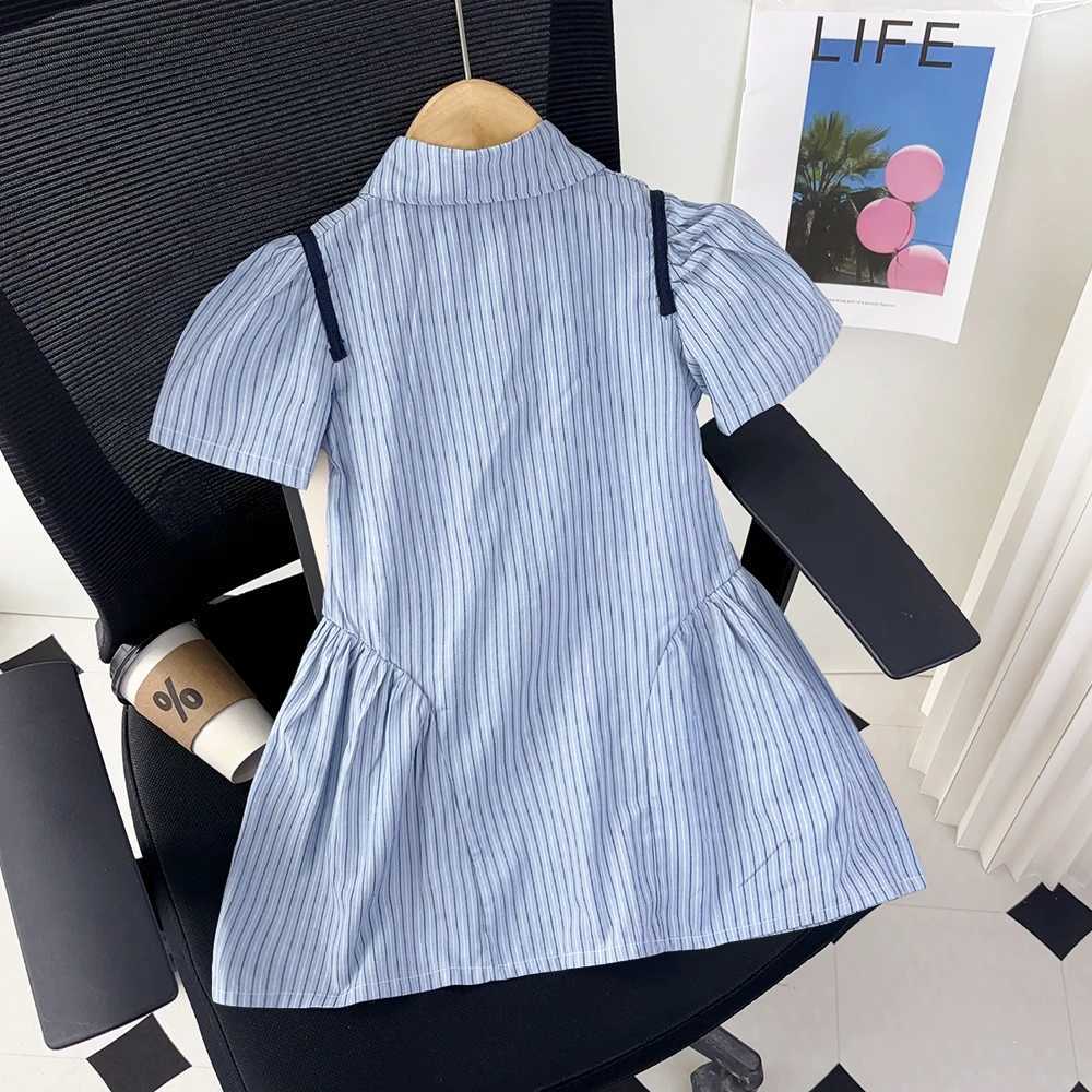 Academy Style Tie Blue Dress Kids Dresses for Girls Cartoon Bunny Striped Short Sleeved Dress Summer Girl Dress C250916