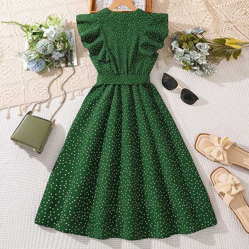 Children Clothing Solid Color Green VNeck Wing Sleeve Polka Dot ALine Dress For Girls 812 Years Summer Frenchy Daliy Casual C250916