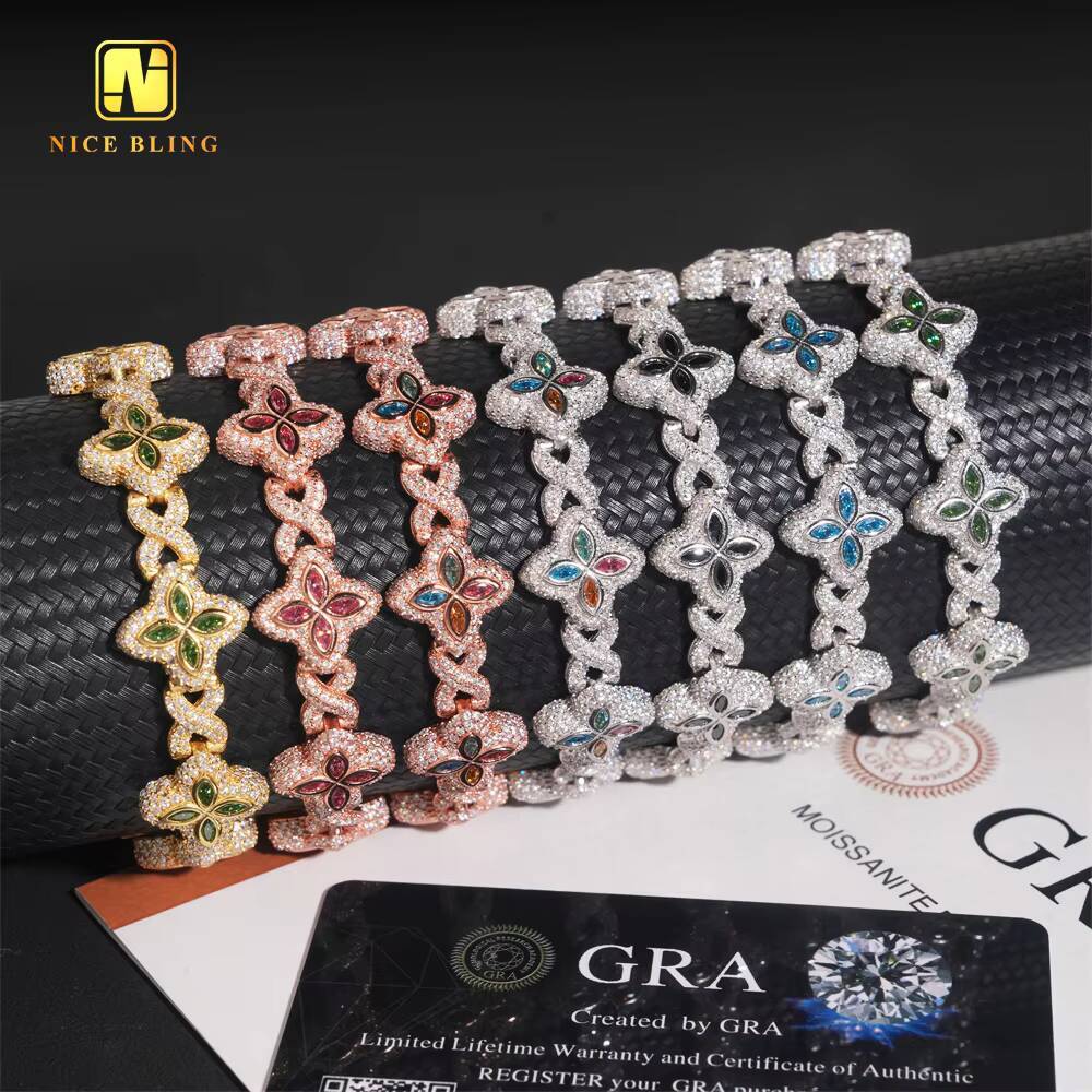 Hot Sale 15mm Hip Hop Jewelry Pear Cut VVS Moissanite 925 Silver Iced Out Bracelet Earrings Set Mix Color Diamond Cuban Chain