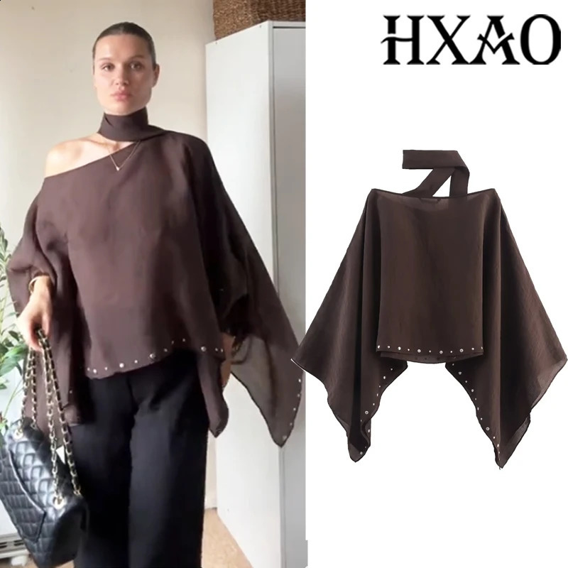 HXAO Womens Scarf Cape Autumn Cloak Short Cape Top Studded Wide Sleeve Brown Cape Cloaks Of Woman Asymmetrical Loose Capes 250916