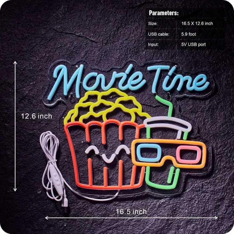 Movie Night with Popcorn Carton Neon for Wall Decor Home Theater Decor Dimmable USB for Cinema Man Cave Party Birthday Y250916
