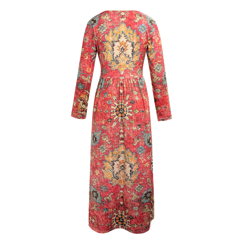 Women's Autumn Winter New Ethnic Vintage Printed Maxi Dress Fashion Vacation Style Long Sleeve Gown CF50921