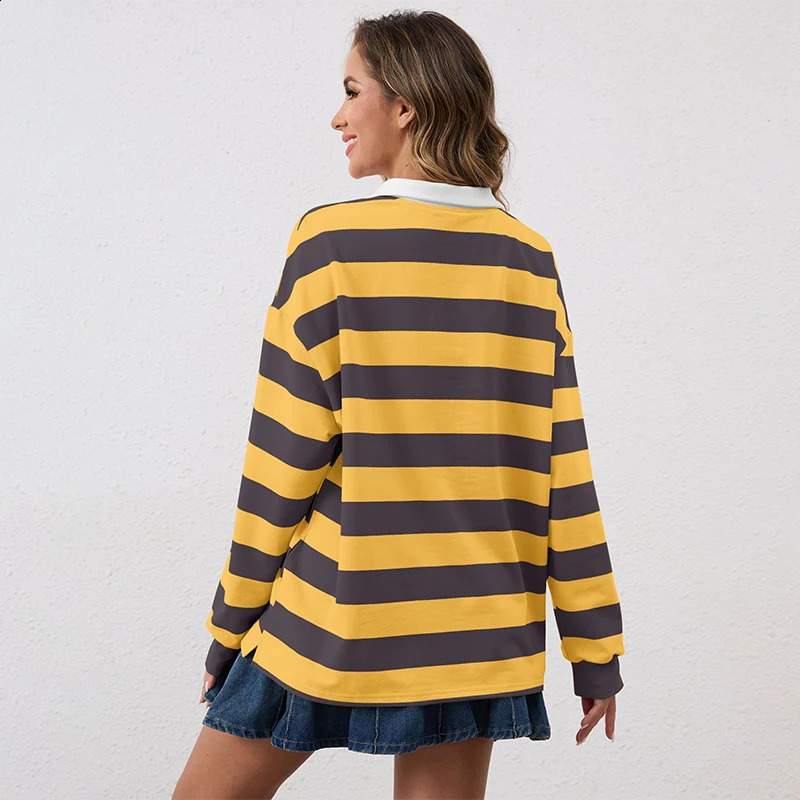 Wholesale Stock Women Striped Lapel Tops Heavyweight Loose Fit Long Sleeve Rugby Sportswear Casual Golf Polo Shirts 250916