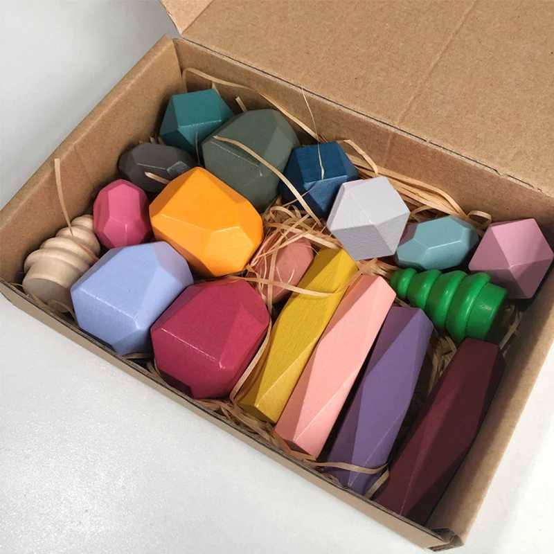 18 Pcs Wooden Stacking Rocks Building Blocks Colored Solid Wood Stones PreSchool Educational Games Toys for Kids Toddlers C250916