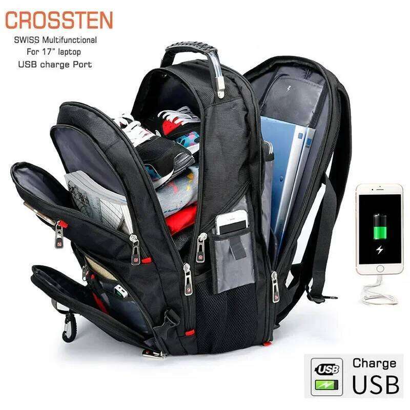 Durable Swiss 17 Inch Laptop Backpack Multifunctional Travel Bag Water Resistant with USB Charging Port College Bookbag