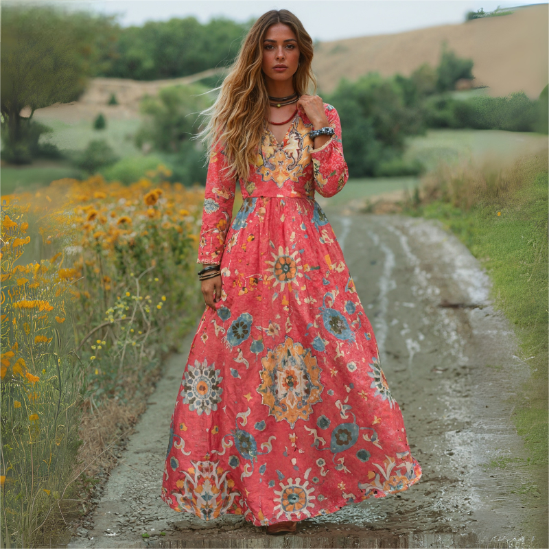 Women's Autumn Winter New Ethnic Vintage Printed Maxi Dress Fashion Vacation Style Long Sleeve Gown CF50921