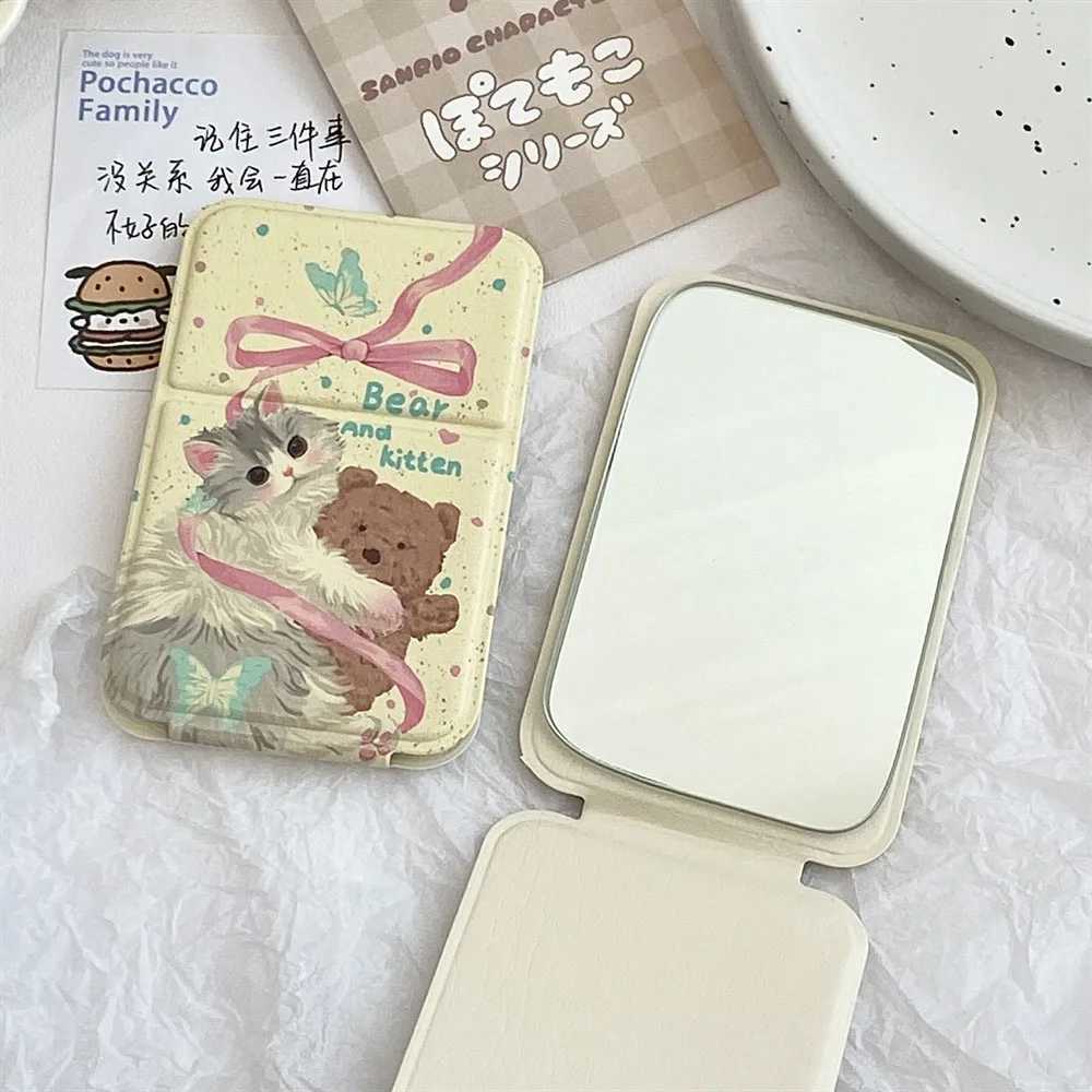 Portable Foldable Makeup Mirror PU Leather Handheld Mirrors Cute Bow Bunny Cat Bear Pocket Cosmetic Mirror Desktop Makeup Mirror C250916