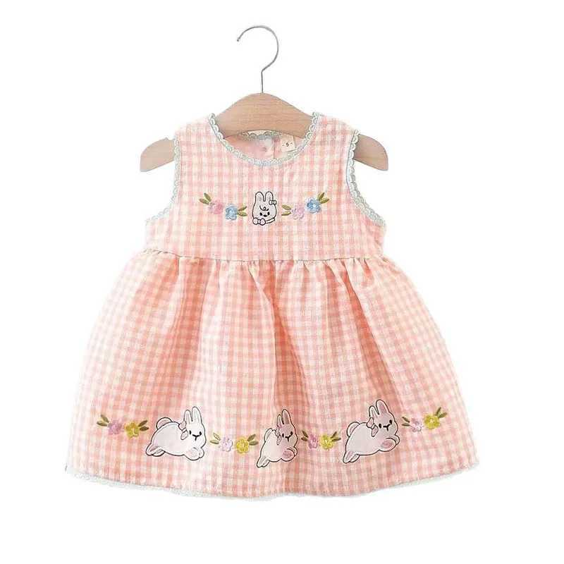 Summer Kids Sundress 9M4T Toddler Pink Bunny Grid Sleeveless Dress Children Girls Yellow Clothes C250916