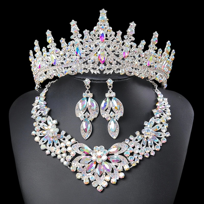 Crystal Bridal Tiaras Crown Women Queen Princess Purple Pink Red Blue Green Necklace Sets Fashion Jewelry Set Diadems 250915