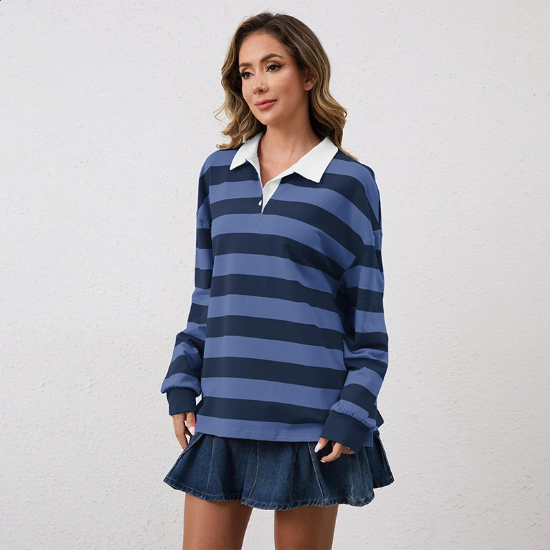 Wholesale Stock Women Striped Lapel Tops Heavyweight Loose Fit Long Sleeve Rugby Sportswear Casual Golf Polo Shirts 250916
