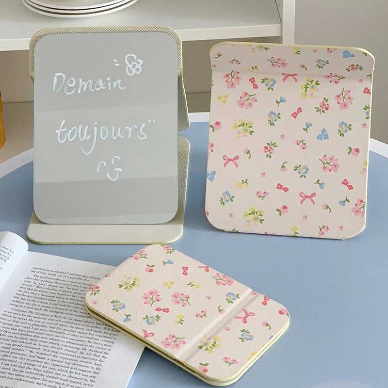 Desktop Makeup Mirror Floral PU Leather Simple Portable Handheld Makeup Mirror Foldable Student Compact Cute Pocket Mirror C250916