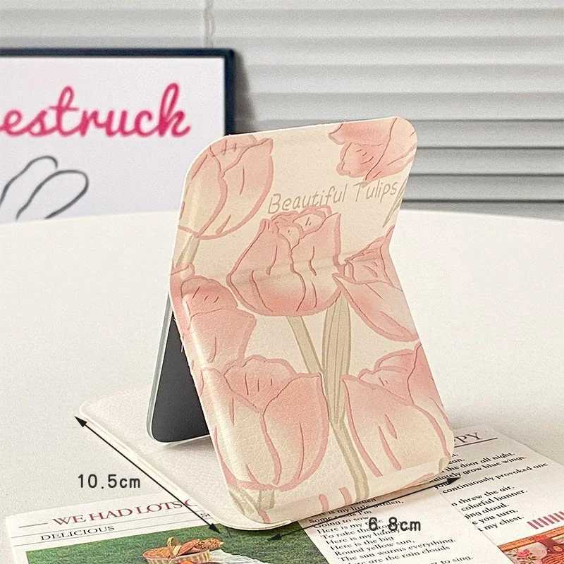 Desktop Makeup Mirror Solid Color PU Leather Simple Portable Handheld Makeup Mirror Foldable Student Compact Cute Pocket Mirror C250916