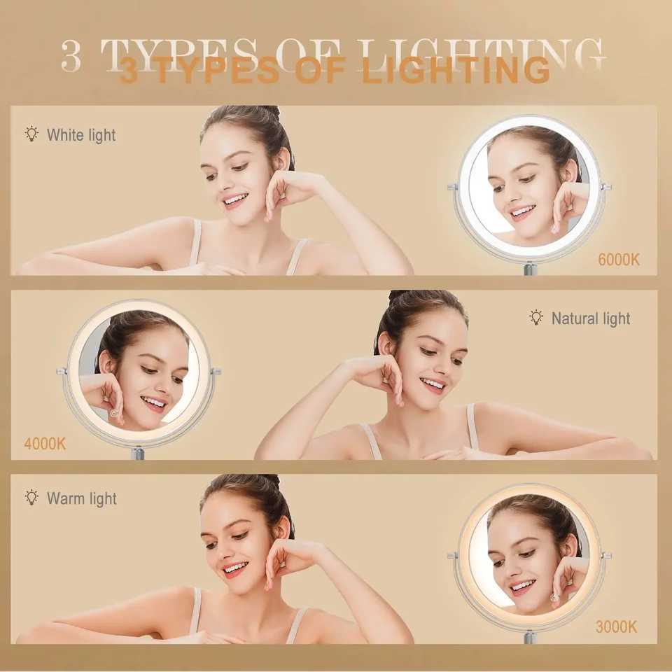 7 Makeup Mirror with Light USB Rechargeable Height Adjustable 1X10X Magnifying 3 Color lighting 360 Rotation Vanity Mirror C250916