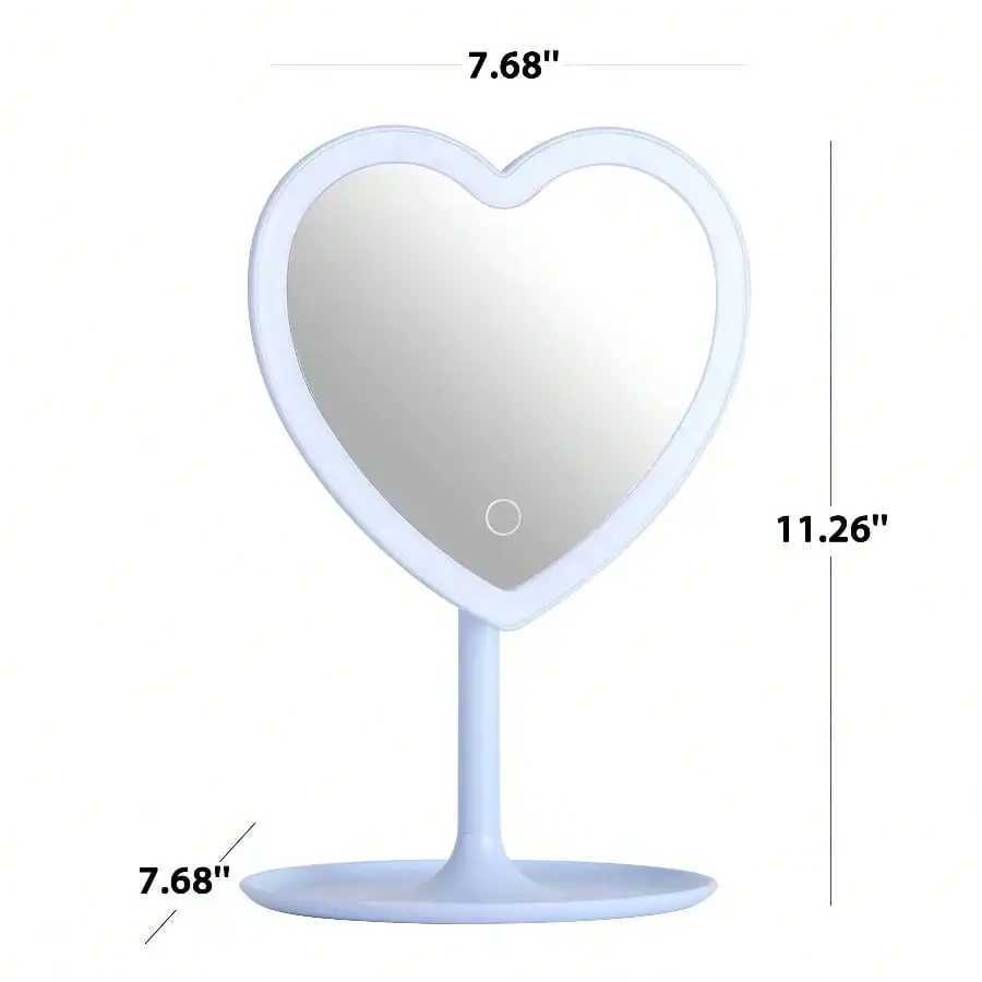 Tall light blue plastic frame tabletop heart shaped LED lighted mirror with trinket tray for bedroom vanity decor C250916