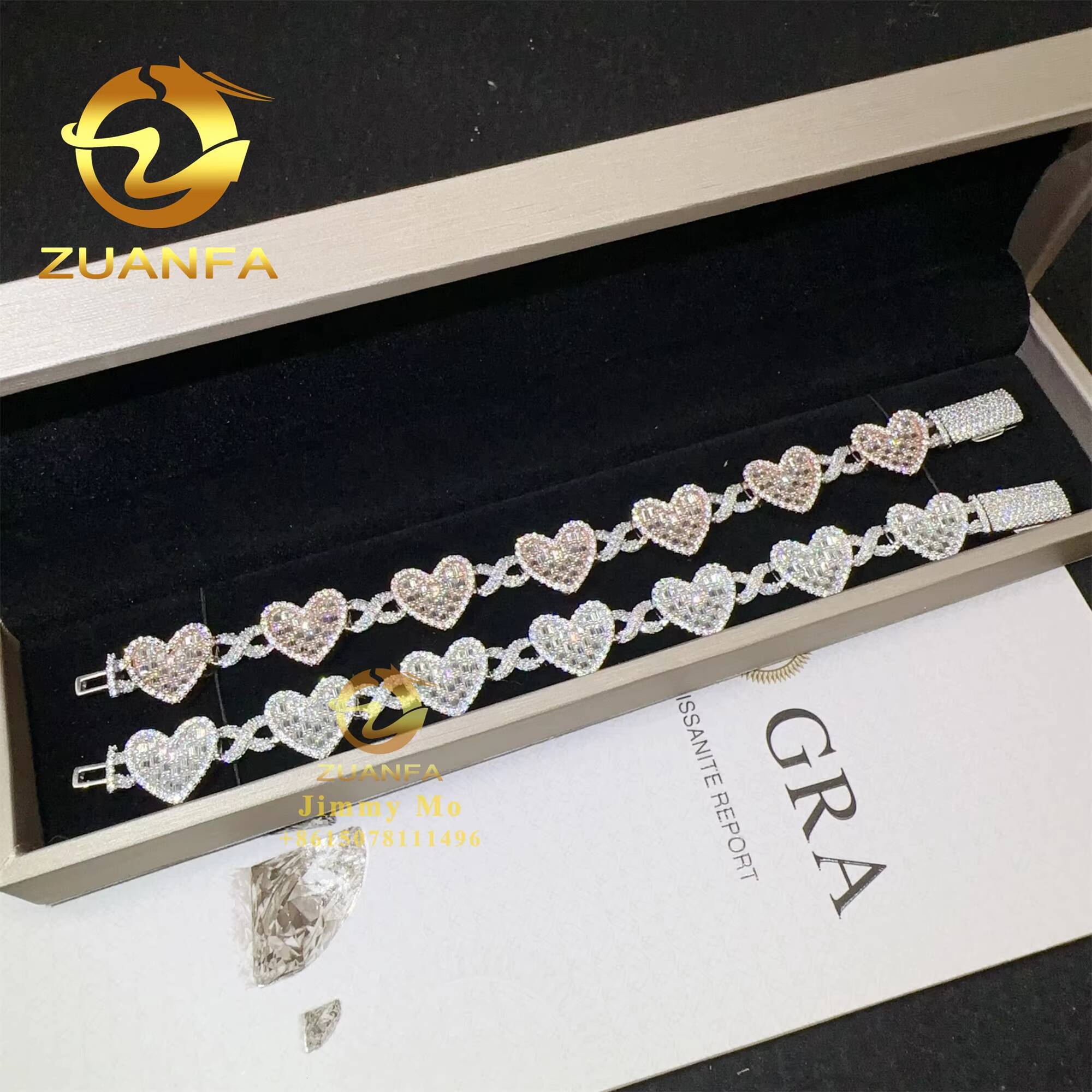 Drop Shipping Price 14mm Width 925 Silver Iced Out Hip Hop Jewelry VVS1 Moissanite Diamond Heart Shape Hip Hop Cuban Bracelet