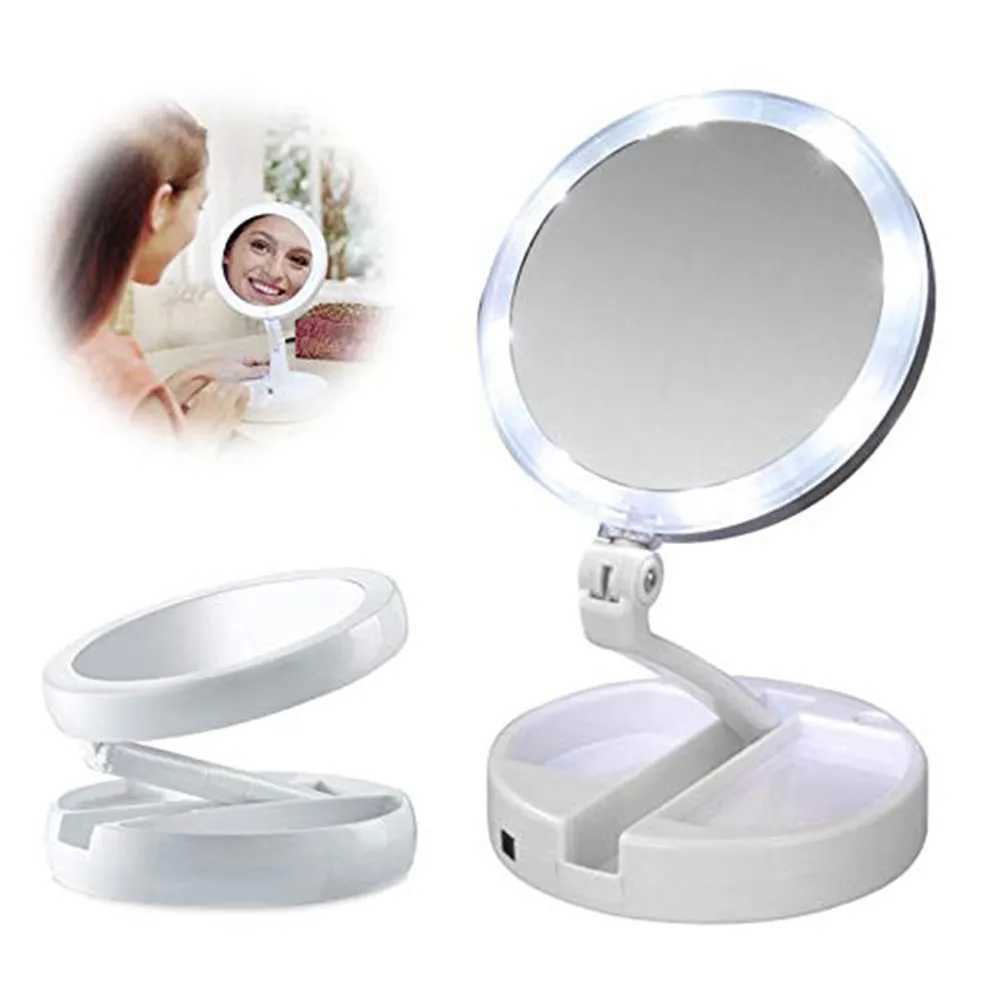Portable Folding 1x10x Magnifying LED Light Up Double Side Makeup Mirror Tabletop Batteries or USB Charging 270Rotation C250916