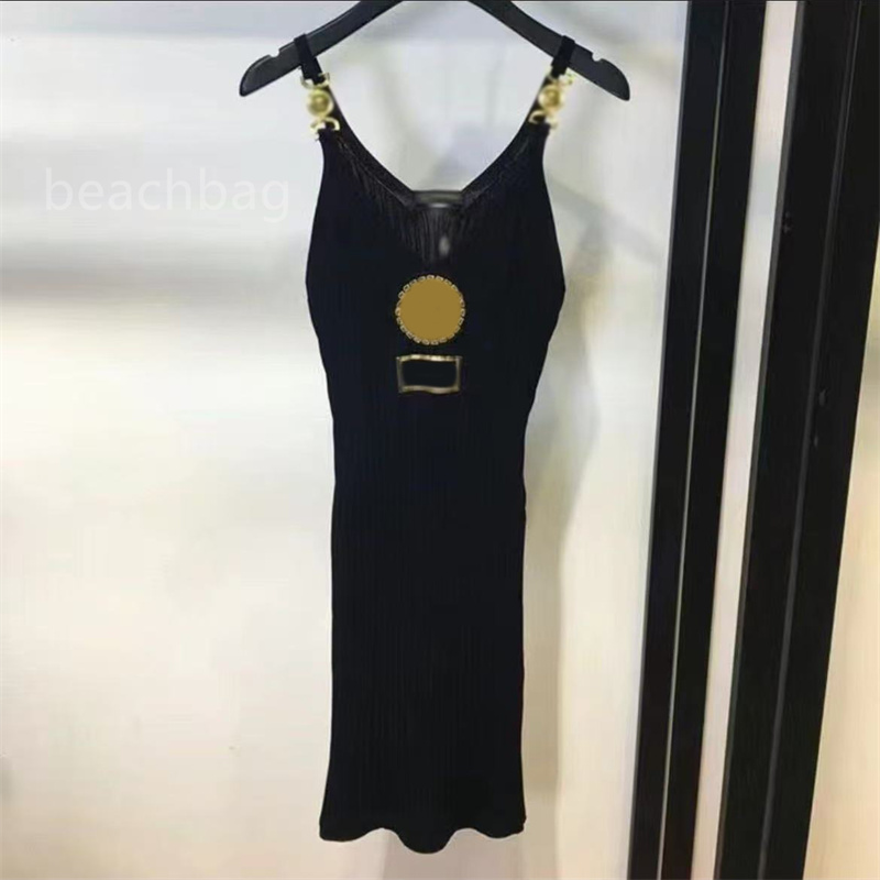 Summer Casual Dress Designer Skirt Womens Sexy V-neck Sleeveless Metal Buckle Suspender Dresses Knitted Hip Wrap Dress