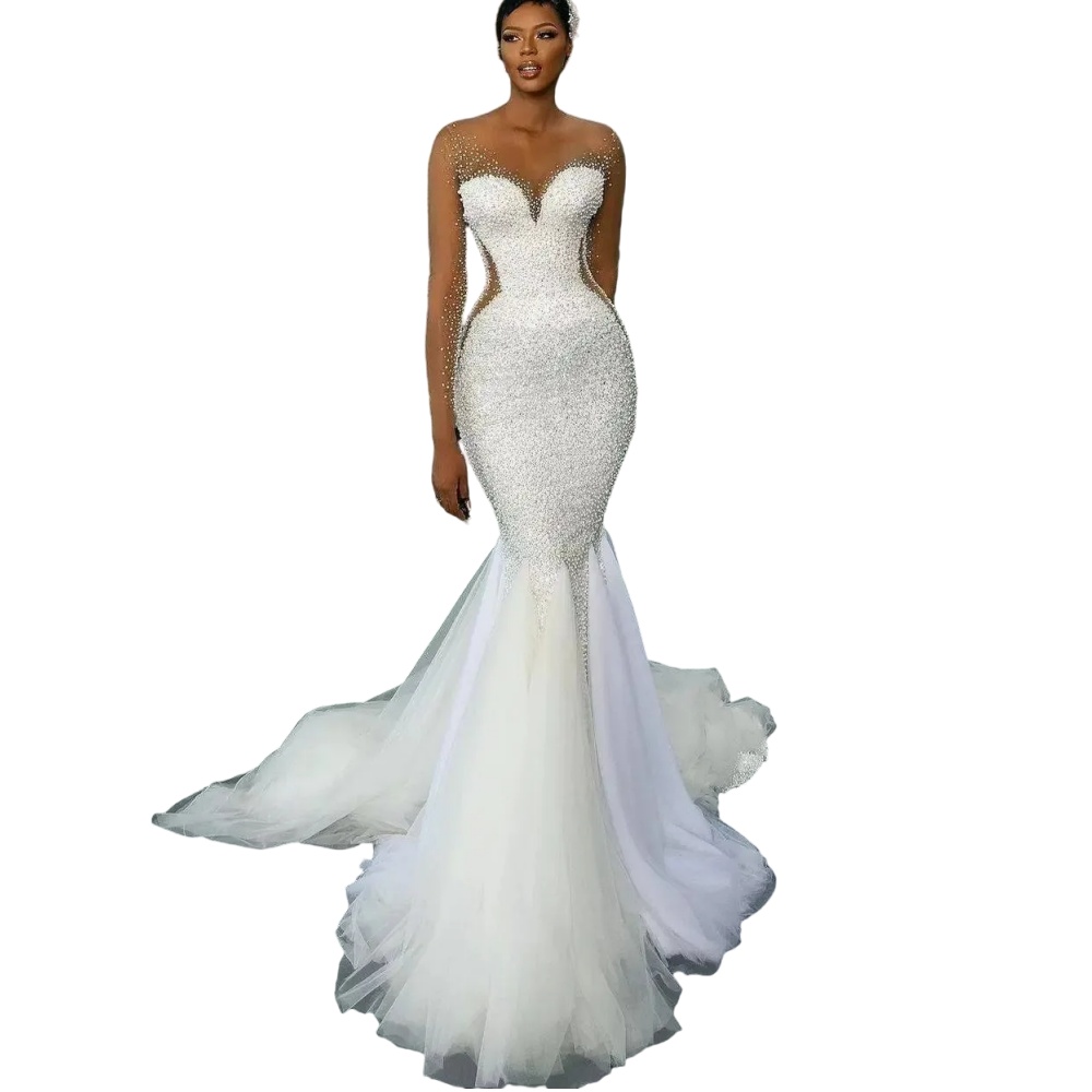 2025 Sexy Mermaid Wedding Dresses Jewel Neck Illusion Sweep Train Corset Back Silver Crystal Beading Plus Size Formal Cheap Bridal Dress Long Sleeves