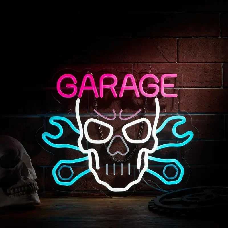 Skull Garage Neon Sign LED Wall Art for Man Cave Motorcycle Shop Decor Bar Lighting Dimmable USB Powered Rome Decorate Y250916