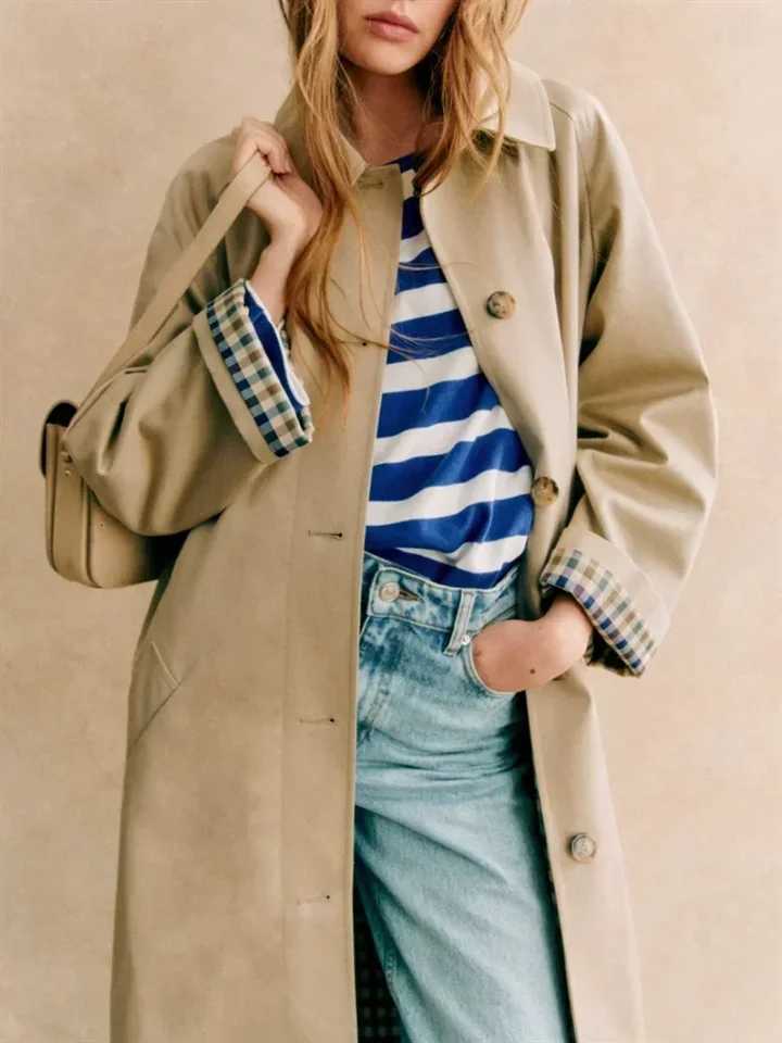 Contrast Color Plaid Women French Long Trench Coat TurnDown Collar Lady SingleBreasted MidLength Windbreaker Jacket Tops F250915