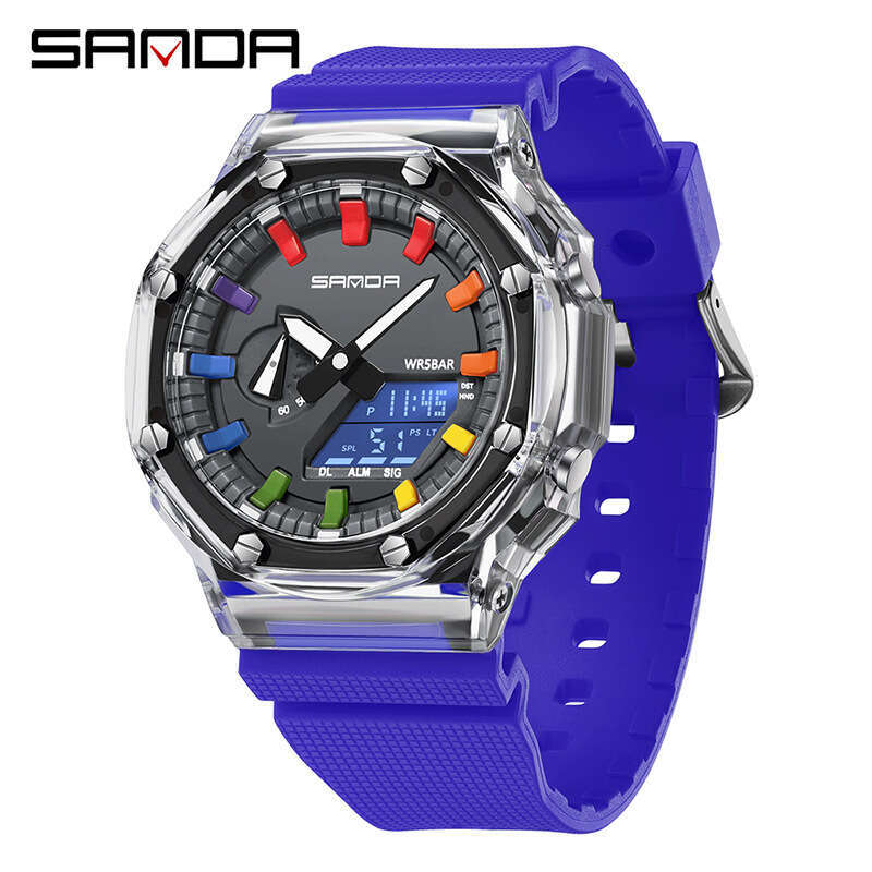 DHgargets Sanda Best-Selling Unisex Octagonal Dopamine Transparent Personality Electronic Multi-Functional Swimming Waterproof Watch