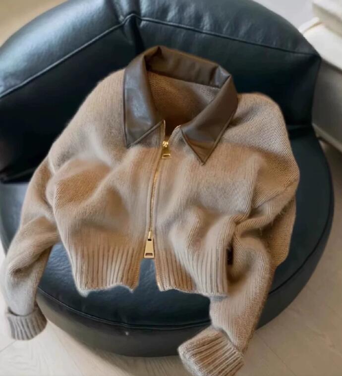 Spliced Leather Collar Knit Sweater Fashion Double Zipper Cardigan Womens AutumnWinter Soft Vintage Long Sleeve Streetwear 241028