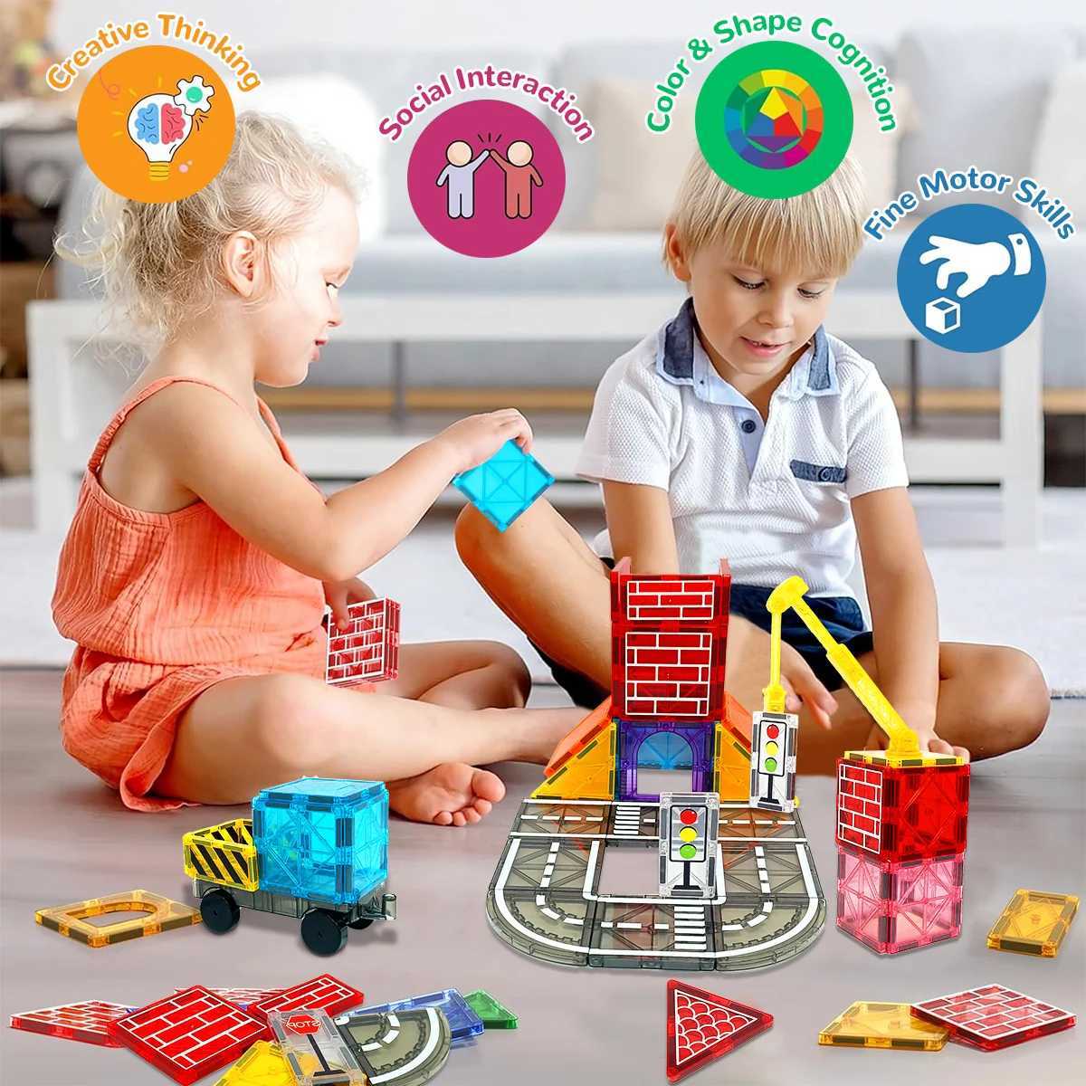 Magnetic Road Set With Car Toys Boys Girls Magnet Building Blocks Construction Toys Christmas Birthday Gifts for Toddlers C250916