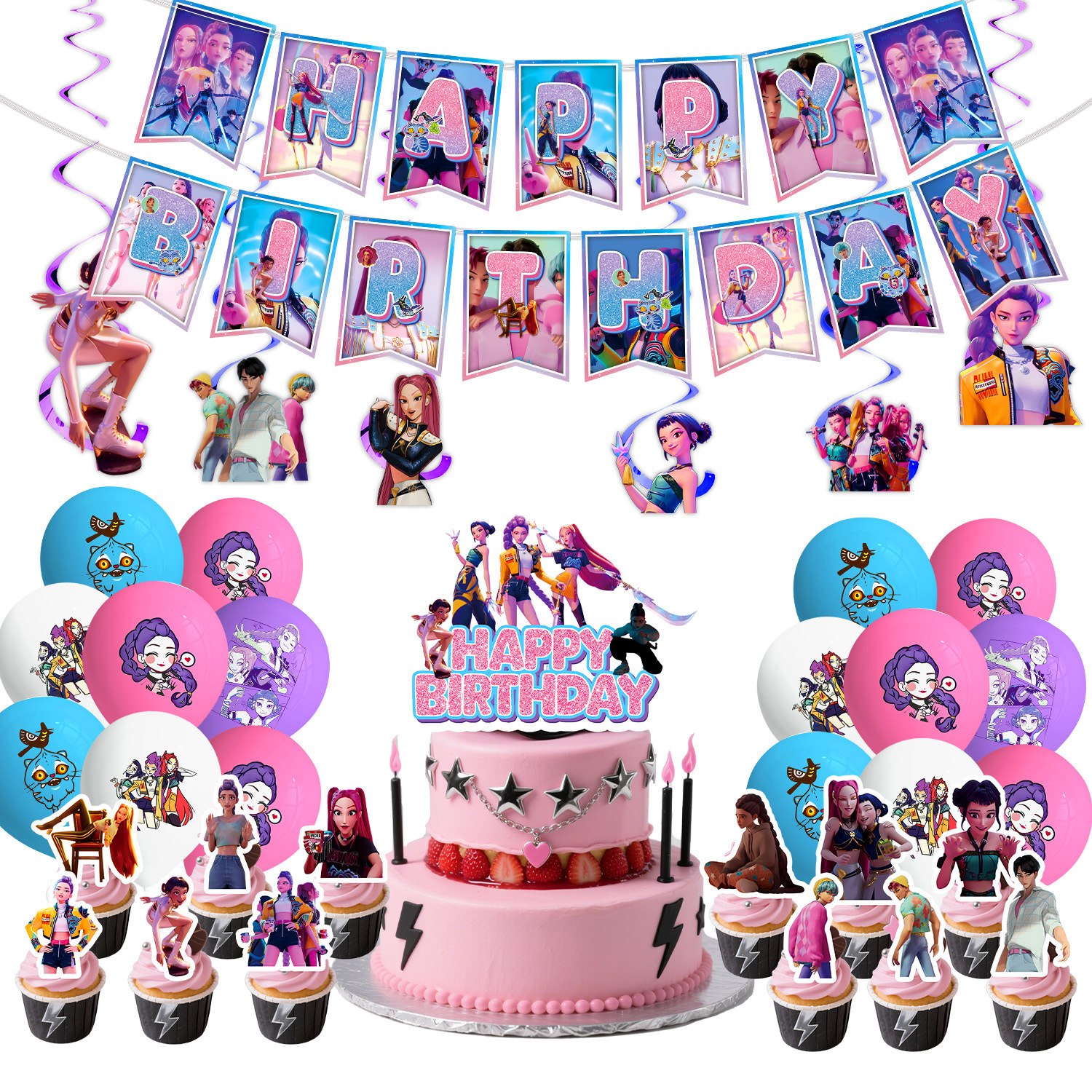 KPop Girl Demon Hunter Birthday Party Decorations Purple Disposable Tableware Anime Pink Balloons Backdrop Banner Cake Toppers Decor