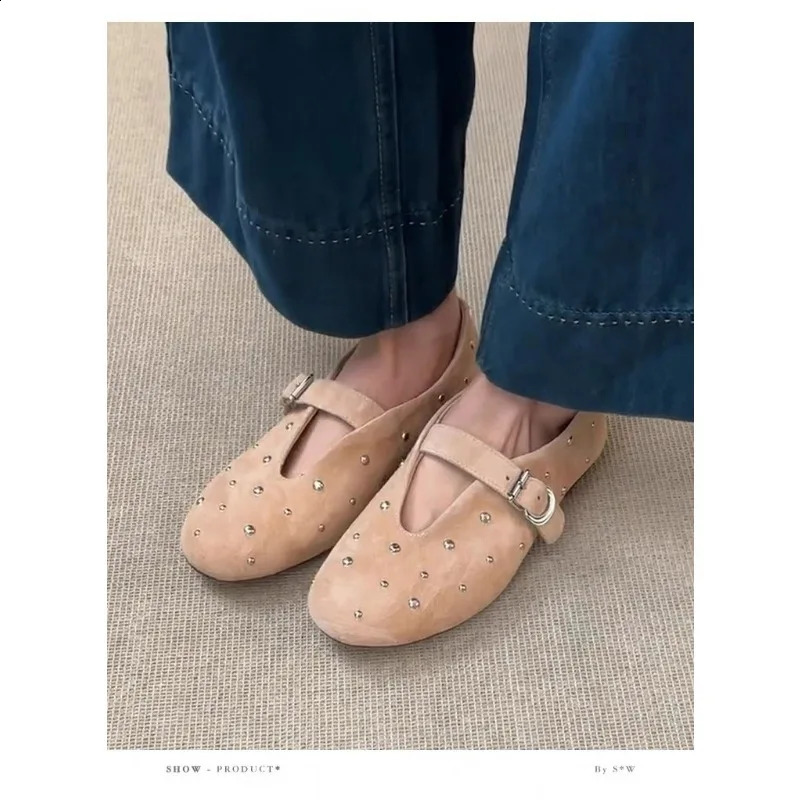 Summer Mary Jane Shoes for Women Fashion Rivet Suede Classic Retro Brown Casual Soft Bottom Comfortable Ladies Flats 250916