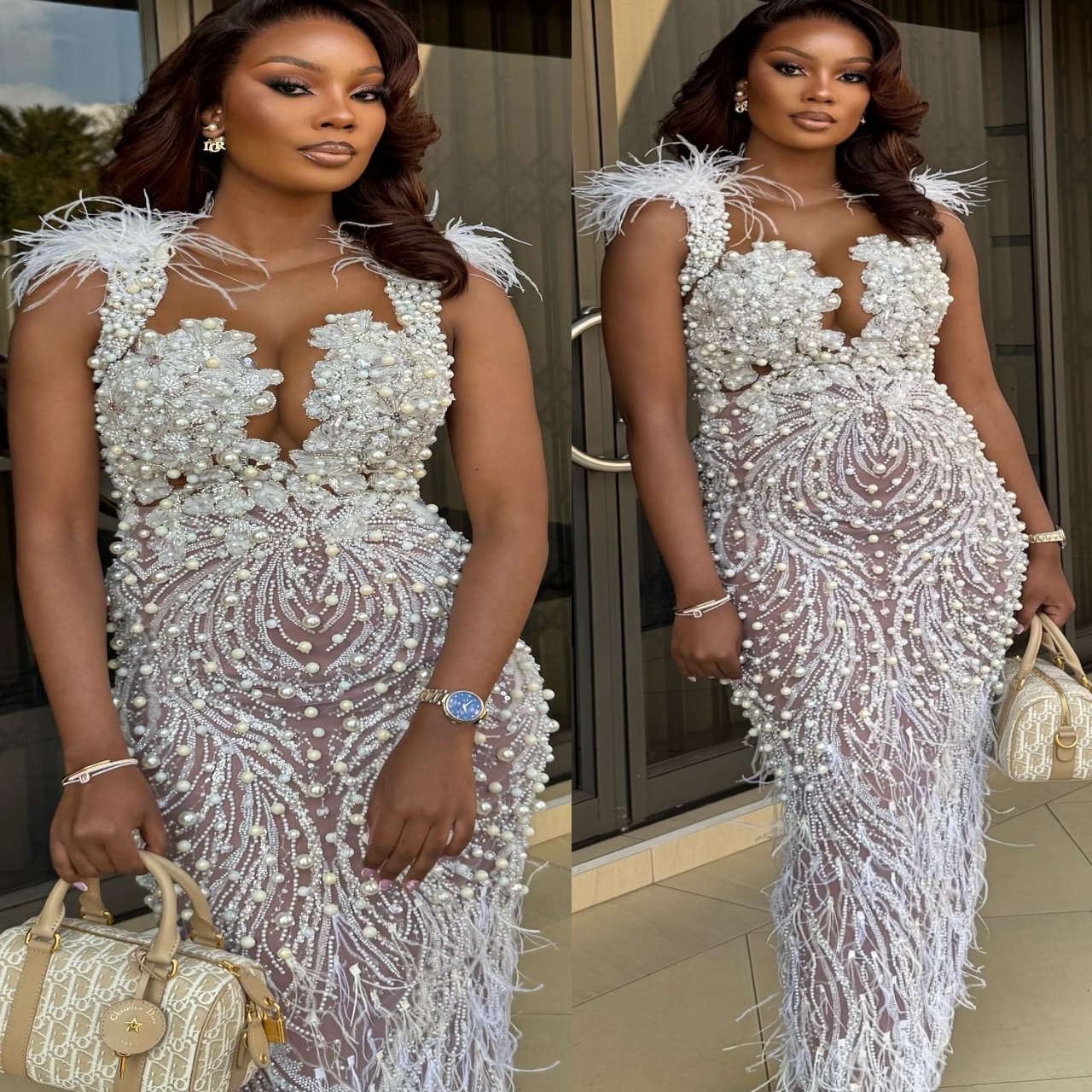 Aso Ebi Ivory Sheath Prom Dresses 2025 Pearls Feather Sequined Illusion Evening Formal Party Second Birthday Engagement Gowns Plus Size Dress For Spec