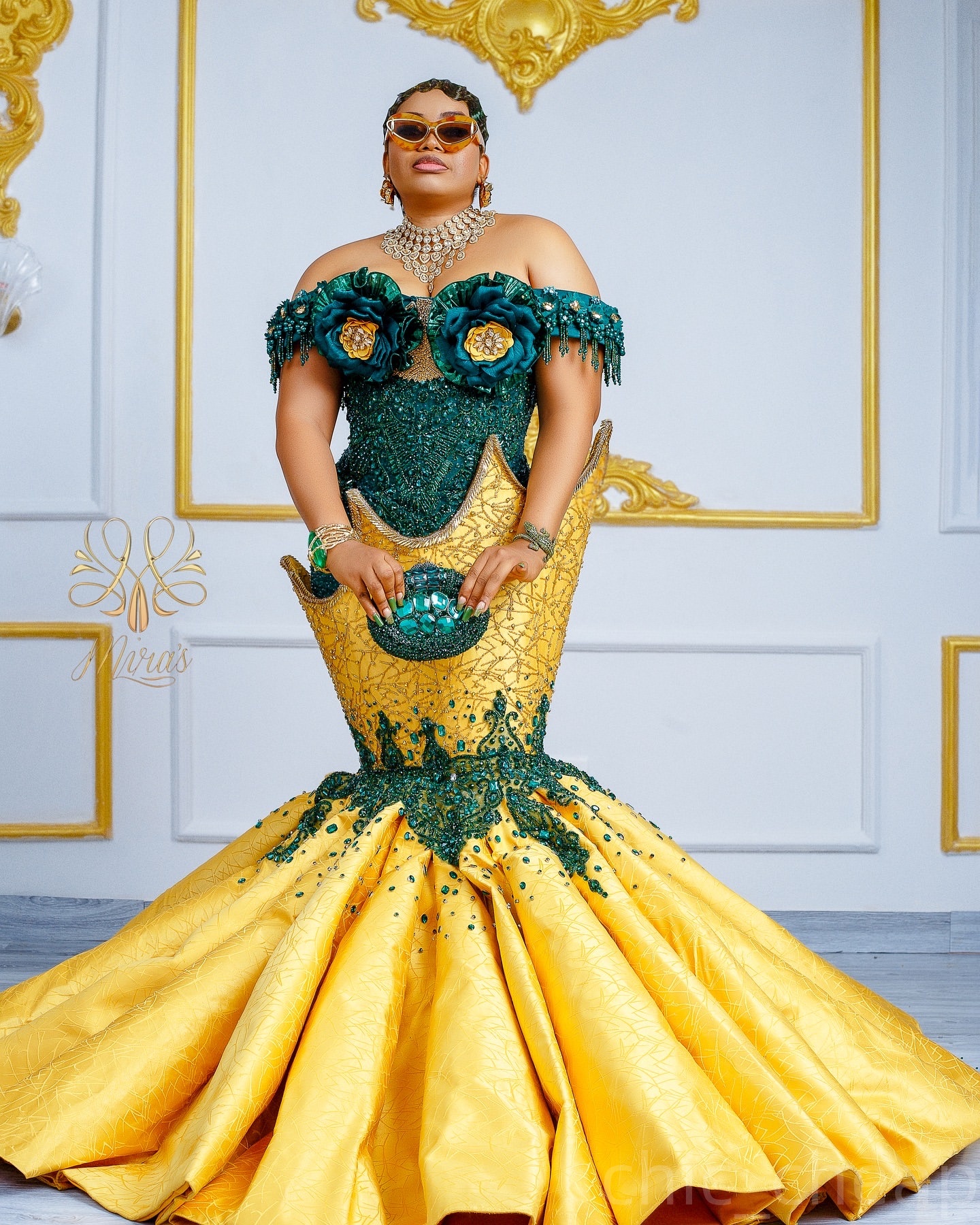 Aso Ebi Mermaid Green Yellow Prom Dresses 2025 Flowers Crystals Lace Evening Formal Party Second Birthday Engagement Gowns Plus Size Dress For Special