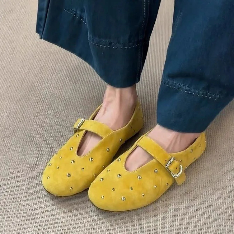 Summer Mary Jane Shoes for Women Fashion Rivet Suede Classic Retro Brown Casual Soft Bottom Comfortable Ladies Flats 250916