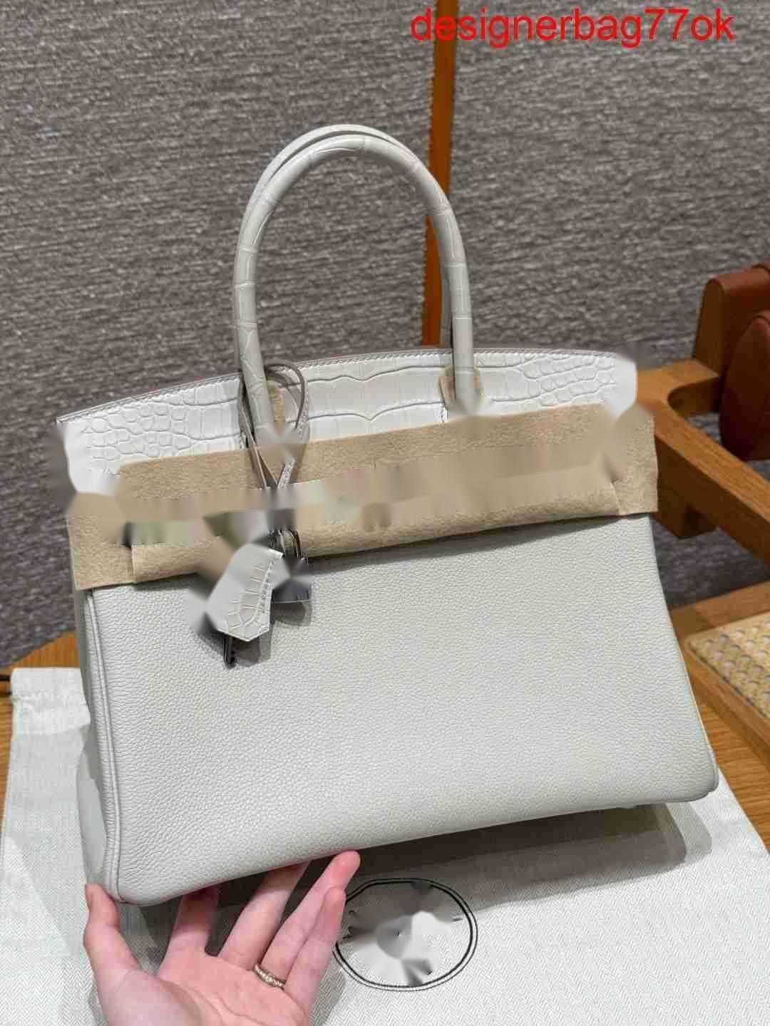 Designer Bag Tote Bags Luxury Handbag H Birk1n 25 Tou Ch Glacier White Handmade Genuine Leather Splicing American Crocodile Skin Hand Sewn Wax Thread Fashion Bag2366