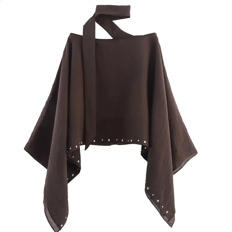 HXAO Womens Scarf Cape Autumn Cloak Short Cape Top Studded Wide Sleeve Brown Cape Cloaks Of Woman Asymmetrical Loose Capes 250916