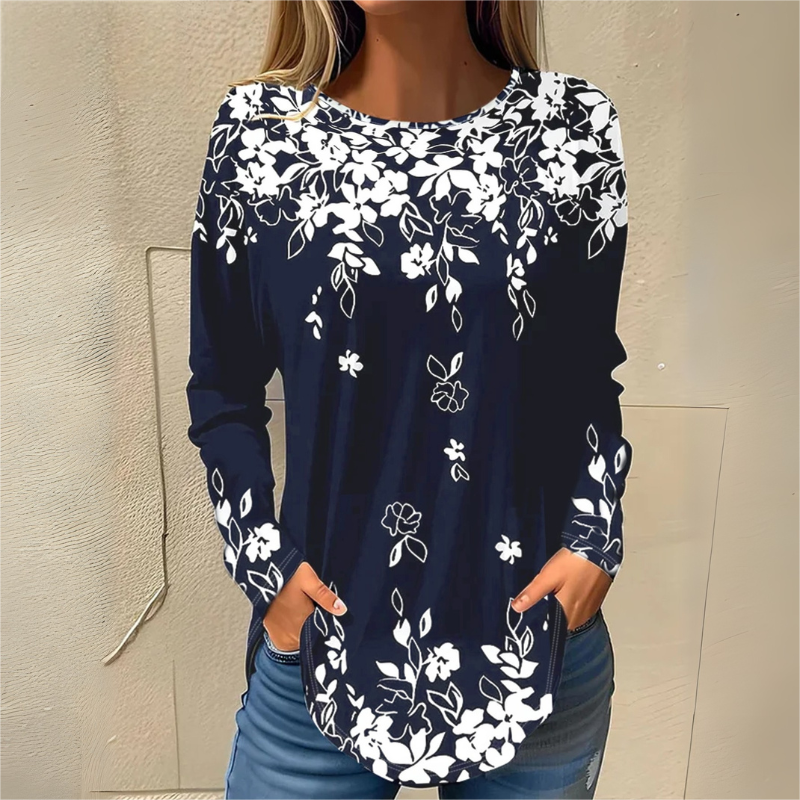 Autumn New Women's Floral Printed Round Neck Long Sleeve Top Casual Fashion Navy Blue Plus Size Blouse CF41360
