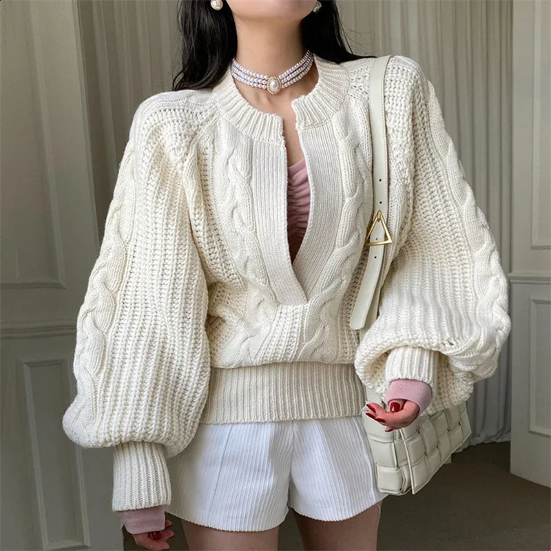Womens Y2K Harajuku Oversized Sweaters Lantern Long Sleeve Deep V Neck Solid Color Cable Knitwear Pullover Tops Streetwear 250916