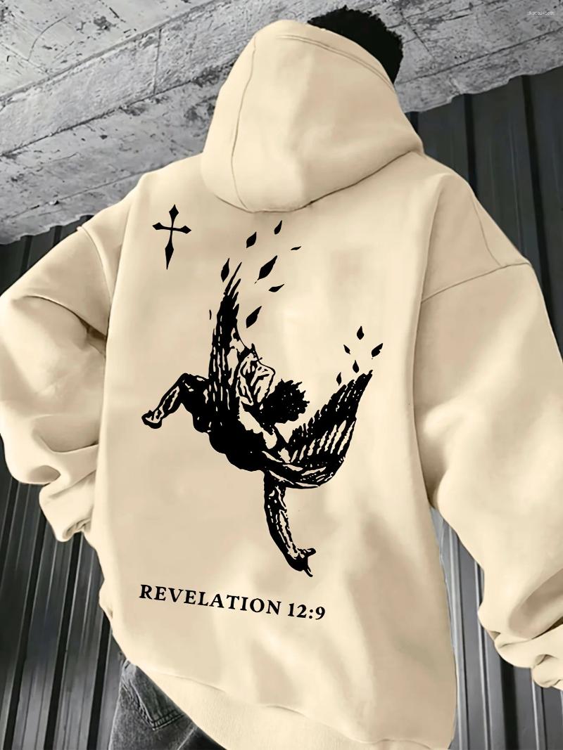 Men's Hoodies Autumn Winter Streetwear Hooded Sweatshirt With Fallen Angel & Cross Print Loose Casual Cotton Tops REVELATION 12:9 Design