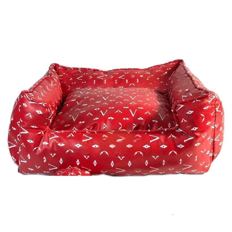 Designer Kennel with Classic Letter Pattern Lounge Extra Heavy Duty Bolstered Sides Vintage Faux Leather Dog Mat Beds Small Red M06 Free shipping