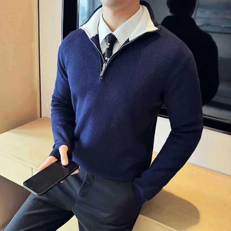 2024 Autumn Winter Sweater For Men High Quality Half Zipper Coat Mens Stand up Collar Color Blocked Slim Fit Knitted Pullover Z250916