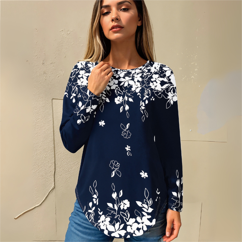 Autumn New Women's Floral Printed Round Neck Long Sleeve Top Casual Fashion Navy Blue Plus Size Blouse CF41360